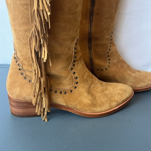Frye Ray Fringe Over the Knee Tall Suede Grommet Pointed Toe Boots Tan 6.5 - Picture 4 of 13